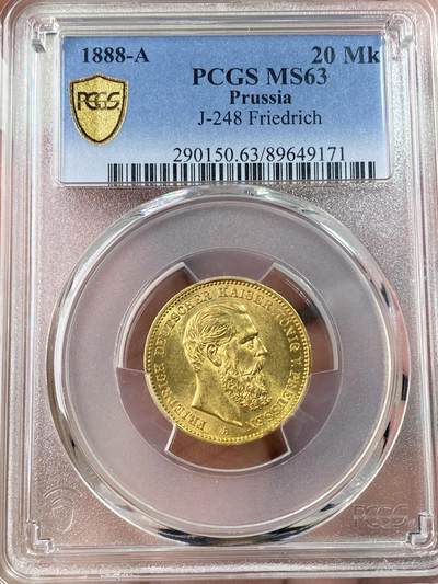 万国钱币拍卖第061期（马年首拍） - PCGS MS63 1888年德国普鲁士三皇之年腓特烈三世短翅流通20马克金币 经典短翅金马克名品 打制锋利黄金转光 越来越贵的品种 7.96g 900金