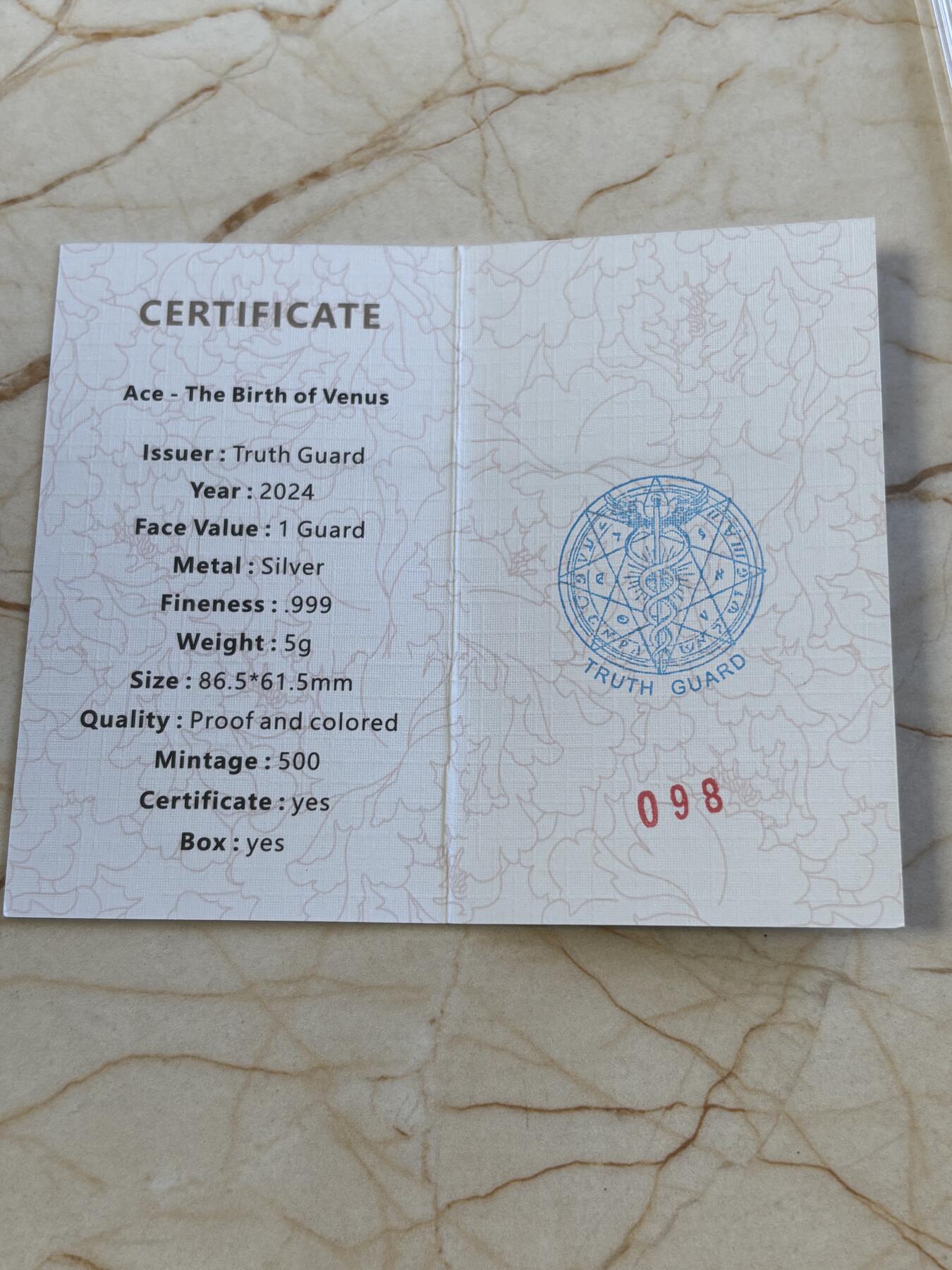 第191期拍卖 维纳斯的诞生-2024真理卫士精制银币黑桃A，999银，首发龙头币，限量500，带证书