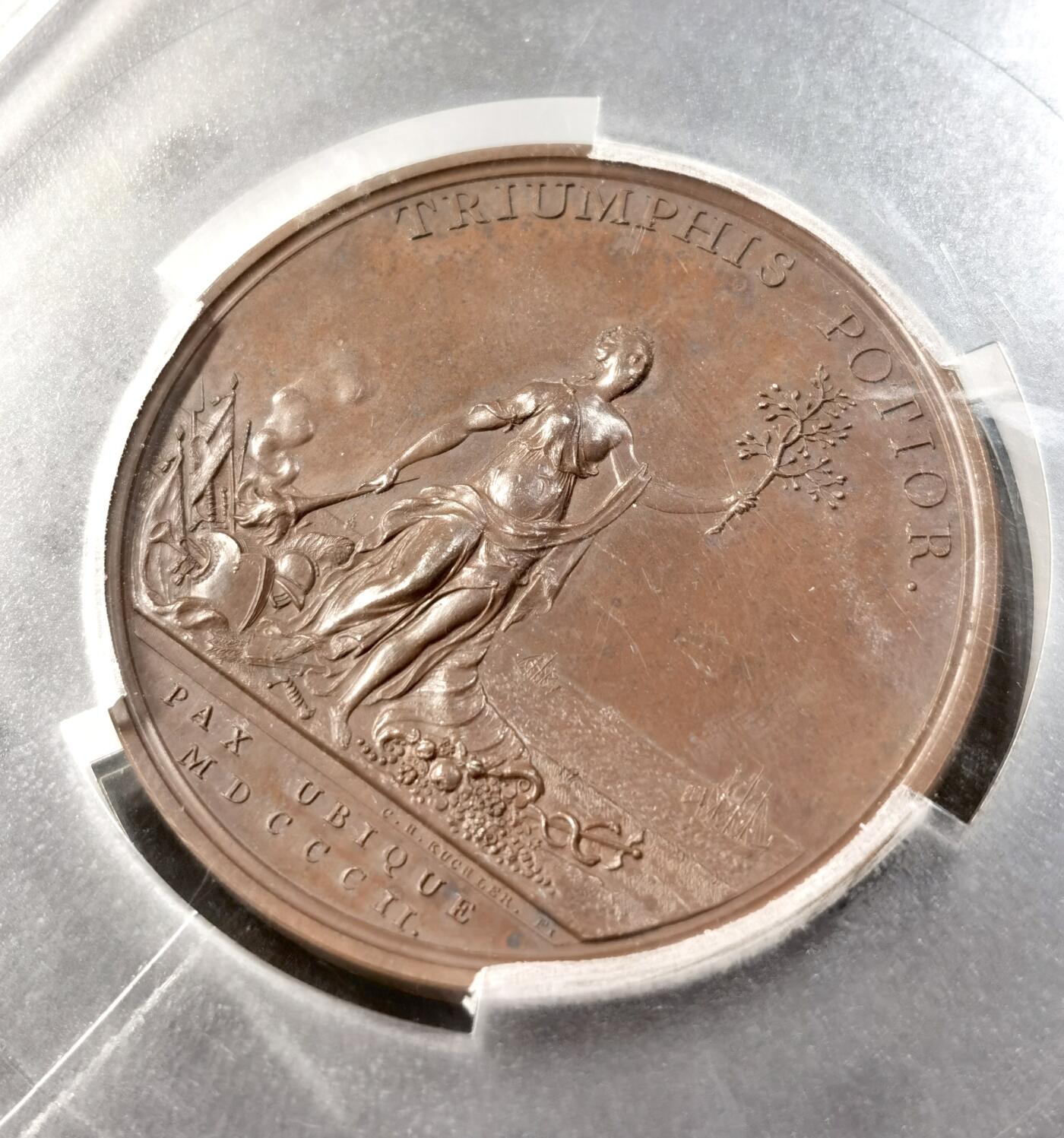 “福币呈祥”新年甄品场（直播拍卖）甄臻铺-世界币章拍卖（第50期），送拍享返佣金等优惠多多 PCGS-SP63 1802英国原铸乔治三世守护不列颠纪念铜章，铭文“无处不在的和平”，非常少见的一款拿破仑战争纪念章。