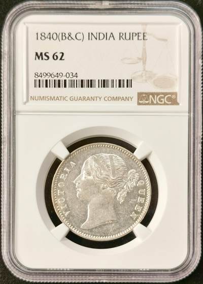 “福币呈祥”新年甄品场（直播拍卖）甄臻铺-世界币章拍卖（第50期），送拍享返佣金等优惠多多 - NGC-MS62 英国殖民印度 1840年B&C 1卢比 银币 大不列颠维多利亚女王 青年小维头像值得拥有。