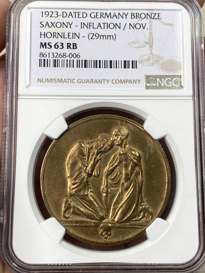 万国钱币拍卖第061期（马年首拍） NGC MS63～64 1923年德国萨克森紧急时期通货膨胀纪念铜章一组两枚 罕见德紧品种 由弗里德里希·威廉·霍恩莱因设计 穆尔登赫滕铸币厂造 背面是当时物价指数