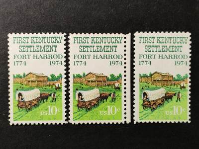 ↓君缘收藏741期☞钱币邮品↓无佣金、可寄存、满30元包邮  - 美国邮票，1974年肯塔基州定居200周年·哈罗德堡前的大篷车邮票雕刻版1全，标价为1枚价格