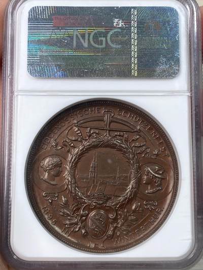 万国钱币拍卖第061期（马年首拍） NGC MS64 1895瑞士苏黎世温图瑟尔射击节大铜章 高浮雕女神与景观设计 原味巧克力包浆状态舒适