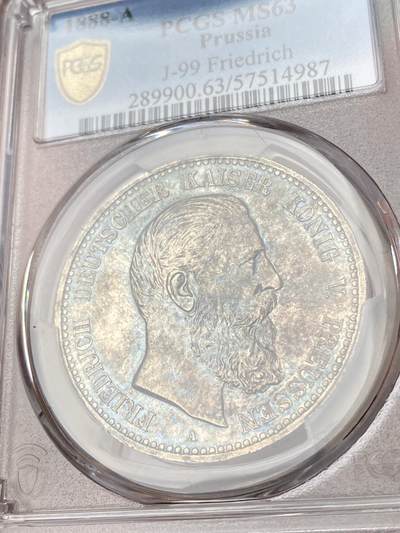万国钱币拍卖第061期（马年首拍） PCGS MS63 1888德国普鲁士三皇年弗雷德里希三世流通短翅5马克银币 打制锋利厚重黑五彩包浆极美