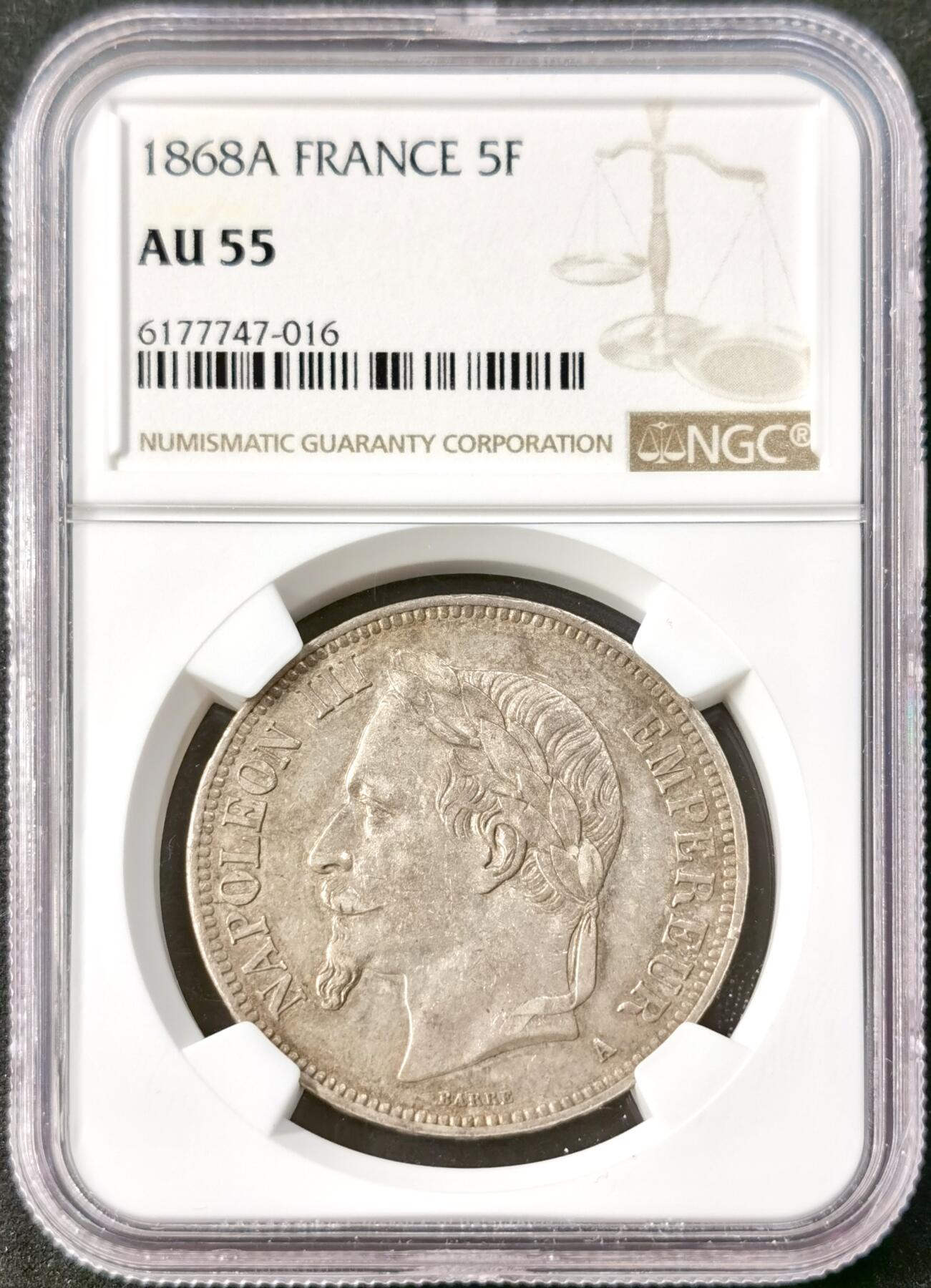 “福币呈祥”新年甄品场（直播拍卖）甄臻铺-世界币章拍卖（第50期），送拍享返佣金等优惠多多 NGC-AU55 法国 1868年A版 5法郎 拿破仑三世银币 原味包浆 经典品种，此年份PCGS更高分数数量仅55枚，无需多言55分就是性价比