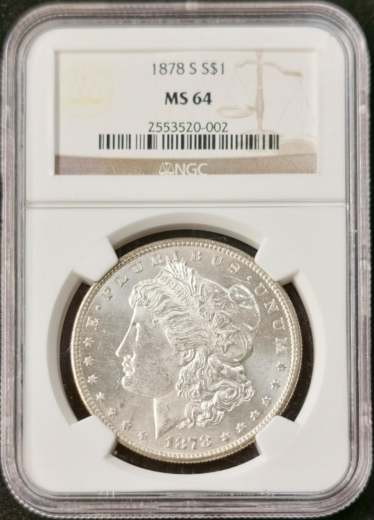 “福币呈祥”新年甄品场（直播拍卖）甄臻铺-世界币章拍卖（第50期），送拍享返佣金等优惠多多 NGC-MS64 美国 1878年S  摩根1美元 首发摩根年份 银光闪闪 严评 藏友无法忽视的首发年份 硬通货