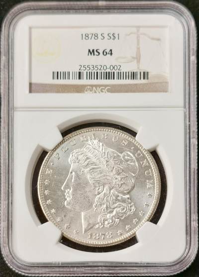 “福币呈祥”新年甄品场（直播拍卖）甄臻铺-世界币章拍卖（第50期），送拍享返佣金等优惠多多 - NGC-MS64 美国 1878年S  摩根1美元 首发摩根年份 银光闪闪 严评 藏友无法忽视的首发年份 硬通货