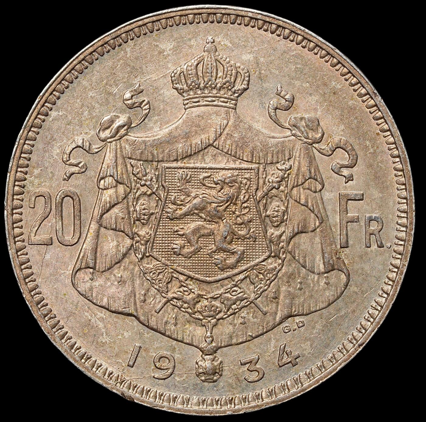 修遠堂世界钱币第105期，马年首拍 1934年比利时20法郎银币，11.00g，含银68%