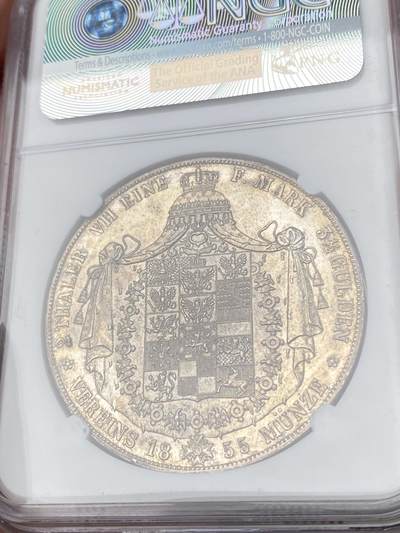 万国钱币拍卖第061期（马年首拍） NGC MS63 1855年德国普鲁士威廉四世大窗帘流通2泰勒 经典普鲁士洋葱头2T 欧陆原味纸袋包浆 纹章打制异常犀利 轻微类镜面质感 收藏级状态