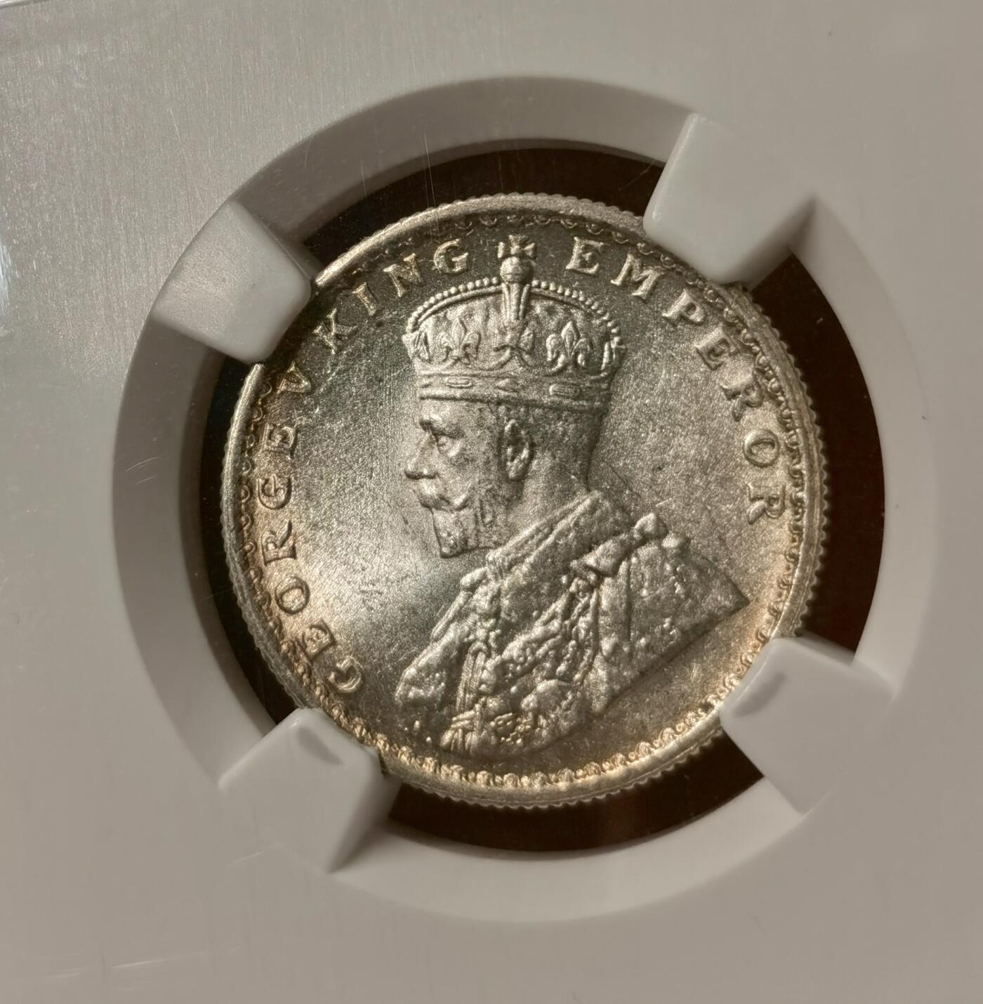 “福币呈祥”新年甄品场（直播拍卖）甄臻铺-世界币章拍卖（第50期），送拍享返佣金等优惠多多 NGC-MS65-MS64 1936年C版英属印度乔治五世1/4卢比，非原光白币，币面冷着高级灰原光，小银毫能有此高分属实难得；MS64乔五1/2卢比，桑杰.C.甘地旧藏，甘地家族旧藏罕见