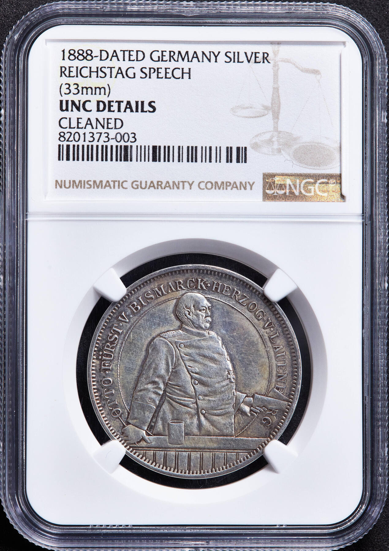 【俄甄集藏】马年新春第一拍 2026年(048)02-25星期三 晚 19:30 全场包邮 德国1888年纪念铁血宰相俾斯麦帝国议会演讲银章，NGC UNCD，黄油彩老包浆，少见品种