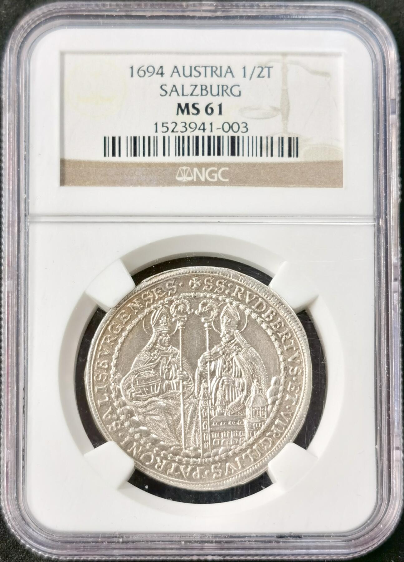 “福币呈祥”新年甄品场（直播拍卖）甄臻铺-世界币章拍卖（第50期），送拍享返佣金等优惠多多 NGC-MS61 神圣罗马帝国奥地利萨尔茨堡1694年1/2泰勒银币，原味黄油光 手工深打 极美品！