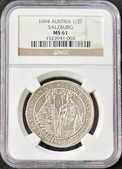 “福币呈祥”新年甄品场（直播拍卖）甄臻铺-世界币章拍卖（第50期），送拍享返佣金等优惠多多 - NGC-MS61 神圣罗马帝国奥地利萨尔茨堡1694年1/2泰勒银币，原味黄油光 手工深打 极美品！