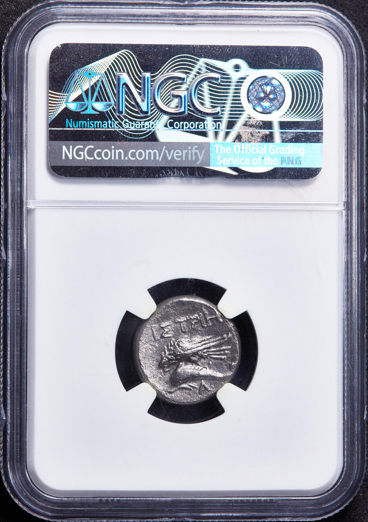 【俄甄集藏】马年新春第一拍 2026年(048)02-25星期三 晚 19:30 全场包邮 古希腊莫西亚伊斯特罗斯城公元前4世纪双子座1德拉克马银币，NGC XF，正面是代表双子座的一正一倒两男孩头像，背面鹰啄食海豚，上方币文：“伊斯特罗斯”，直径：17mm，少见品种，底光犹存