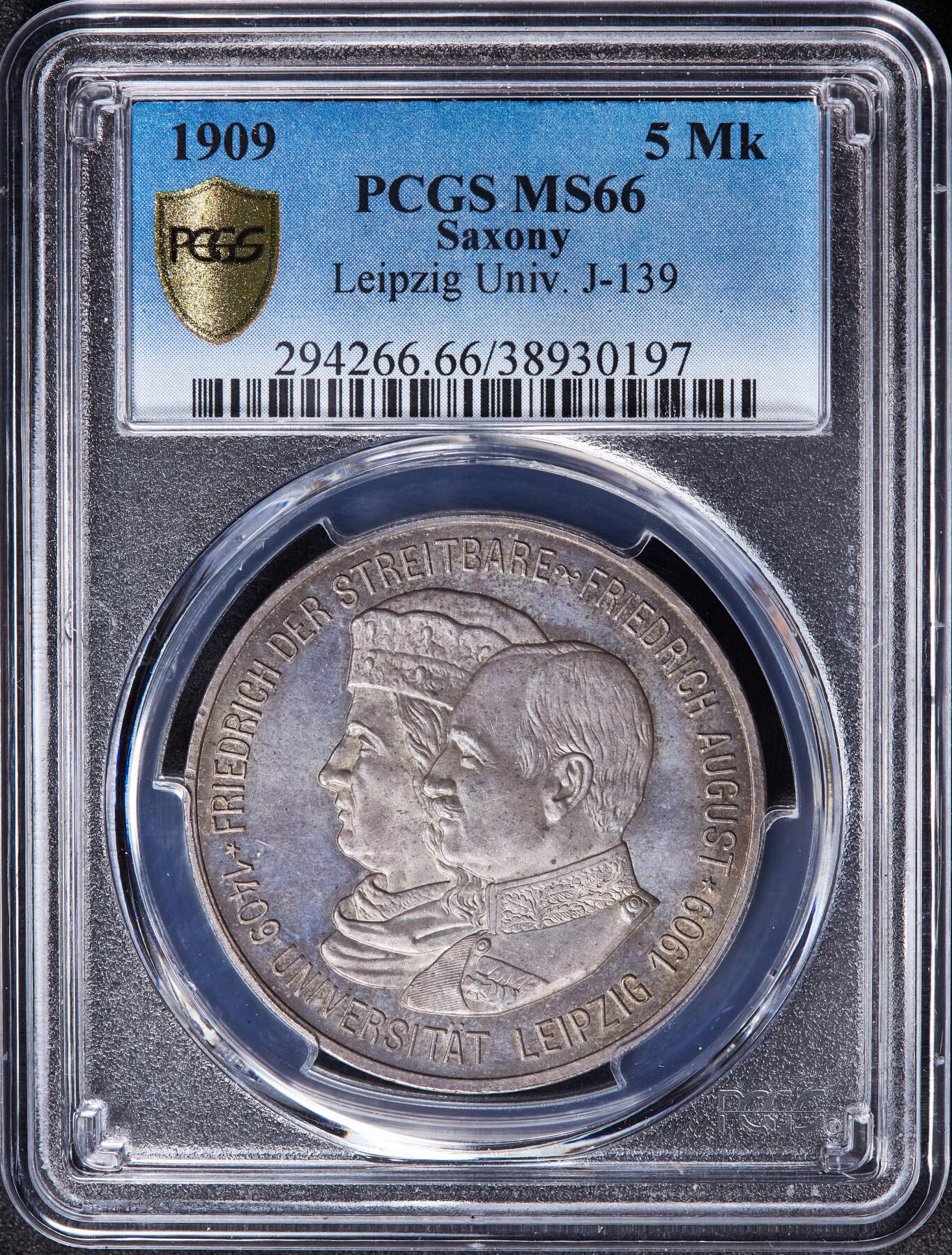 【俄甄集藏】马年新春第一拍 2026年(048)02-25星期三 晚 19:30 全场包邮 德国萨克森1909年莱比锡大学成立500周年5马克纪念大银币，PCGS MS66，黄油环彩老包浆，底板凝霜，顶级状态