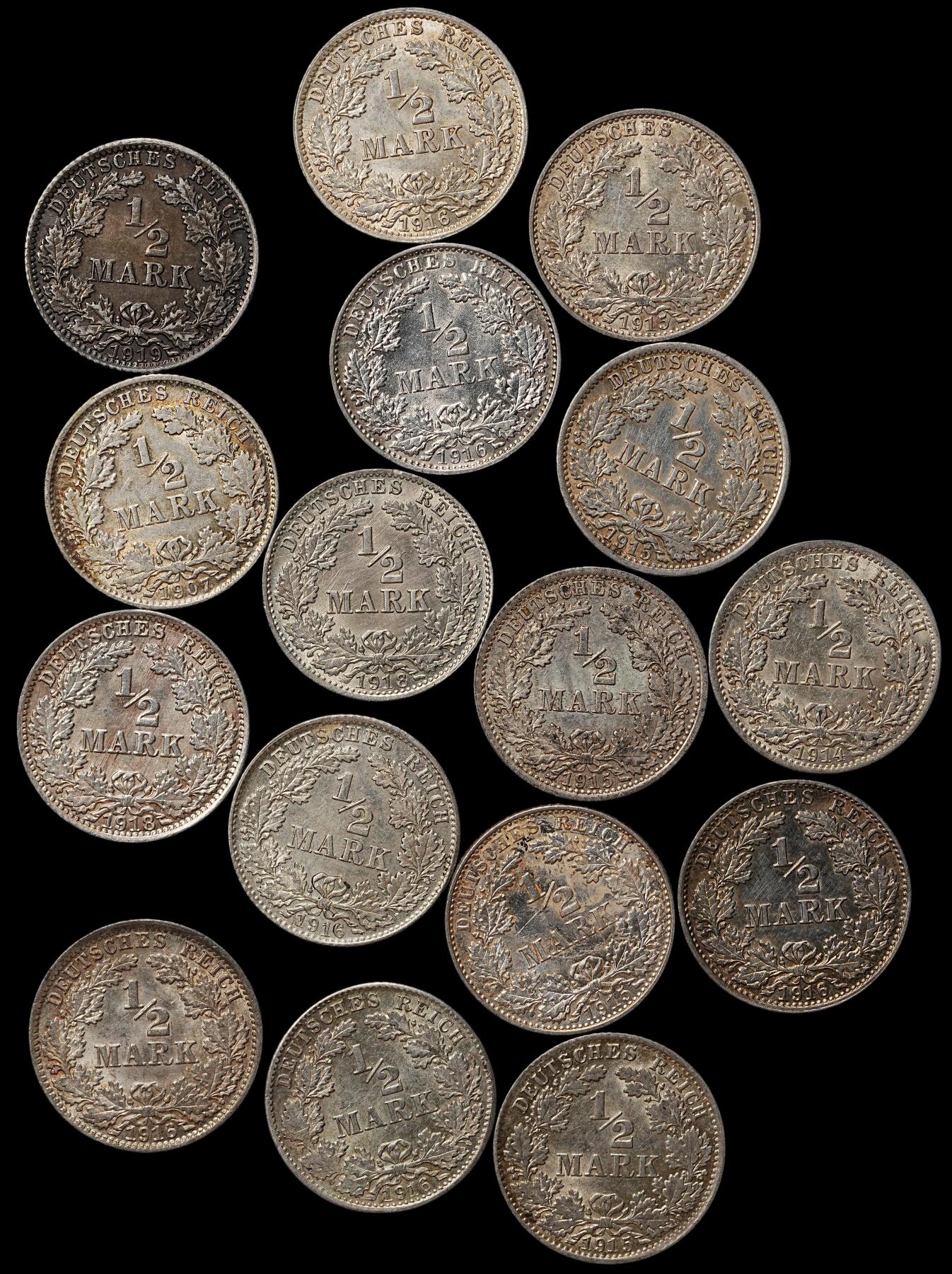 修遠堂世界钱币第105期，马年首拍 德国1/2马克银币，第一组，总重44.32g，含银90%