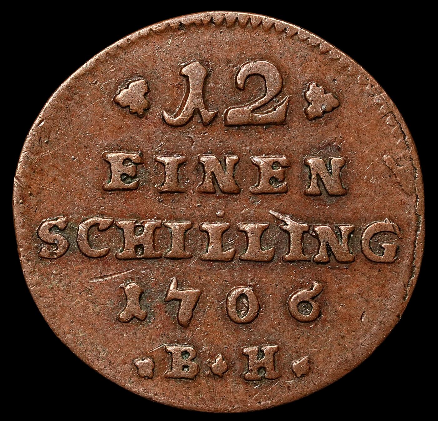 修遠堂世界钱币第105期，马年首拍 1706年荷尔斯泰因 - 戈托普公国1/12先令铜币