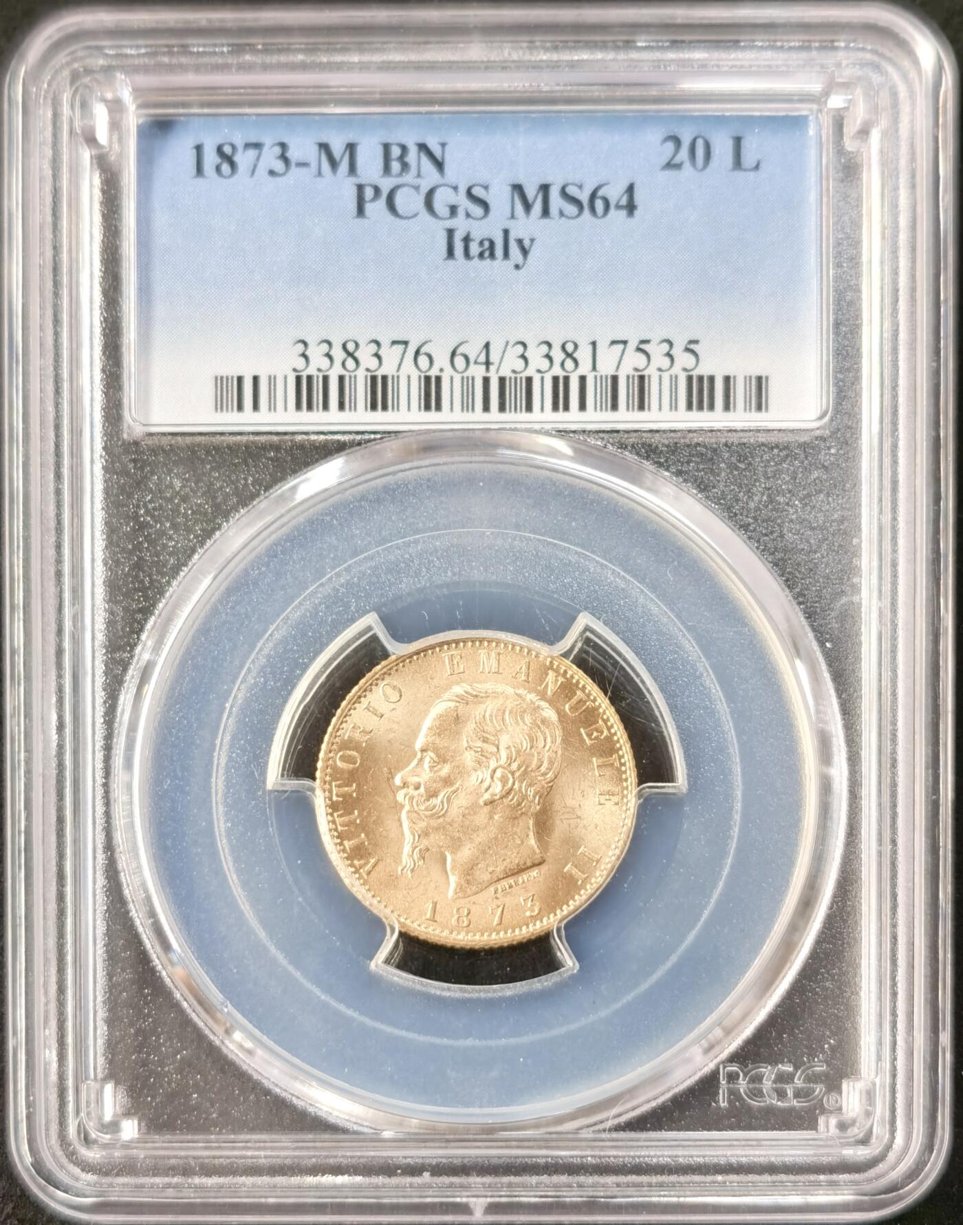 “福币呈祥”新年甄品场（直播拍卖）甄臻铺-世界币章拍卖（第50期），送拍享返佣金等优惠多多 PCGS-MS64 意大利 1873年 20里拉 埃马努埃莱二世 金币 6.45g 900金