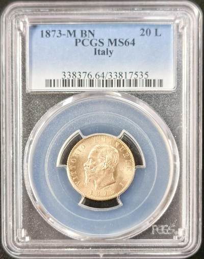 “福币呈祥”新年甄品场（直播拍卖）甄臻铺-世界币章拍卖（第50期），送拍享返佣金等优惠多多 - PCGS-MS64 意大利 1873年 20里拉 埃马努埃莱二世 金币 6.45g 900金