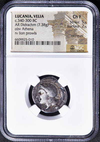 【俄甄集藏】马年新春第一拍 2026年(048)02-25星期三 晚 19:30 全场包邮 - 古希腊南意大利卢卡尼亚维利亚公元前340-前334年双德拉克马雅典娜狮子银币，NGC Ch F(Str 5/5, Sur 2/5)，维利亚城打制，正面戴阿提卡头盔的雅典娜，背面右行的雄狮，直径：22mm，重：7.38克，五彩包浆