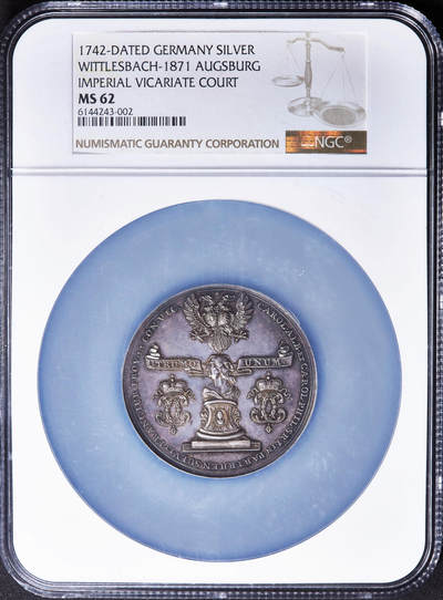 【俄甄集藏】马年新春第一拍 2026年(048)02-25星期三 晚 19:30 全场包邮 - 神圣罗马帝国-德国1742年纪念奥格斯堡帝国摄政法院成立大银章，NGC MS62，稀有品种，设计精美，紫罗兰酱彩原味老包浆，状态难得，直径：53mm