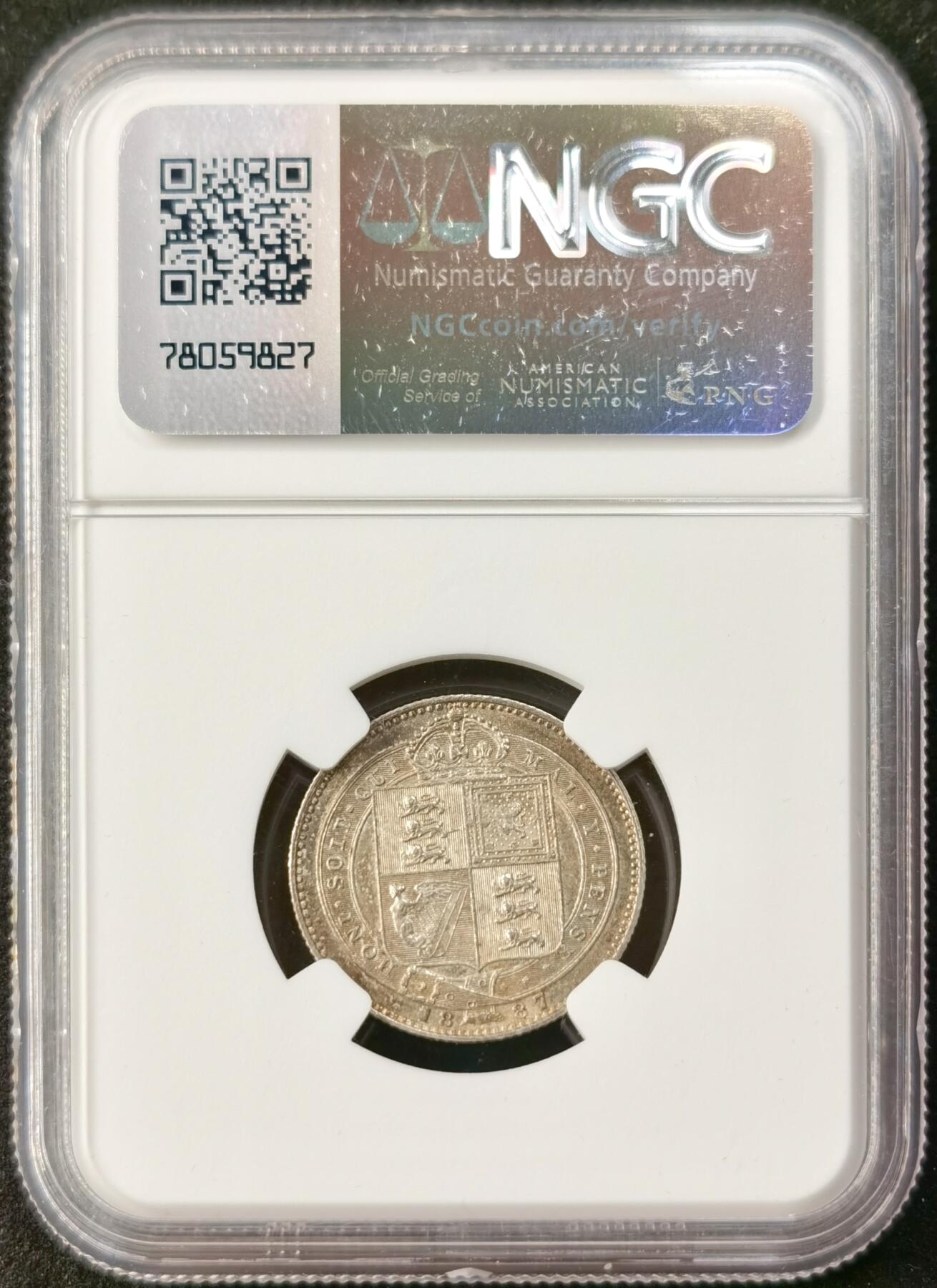 “福币呈祥”新年甄品场（直播拍卖）甄臻铺-世界币章拍卖（第50期），送拍享返佣金等优惠多多 NGC-MS65 英国 1887年 1S JUBILEE HEAD先令 银币 高冠维多利亚女王 双面淡彩金光充盈 深银包浆漂亮 难得高分