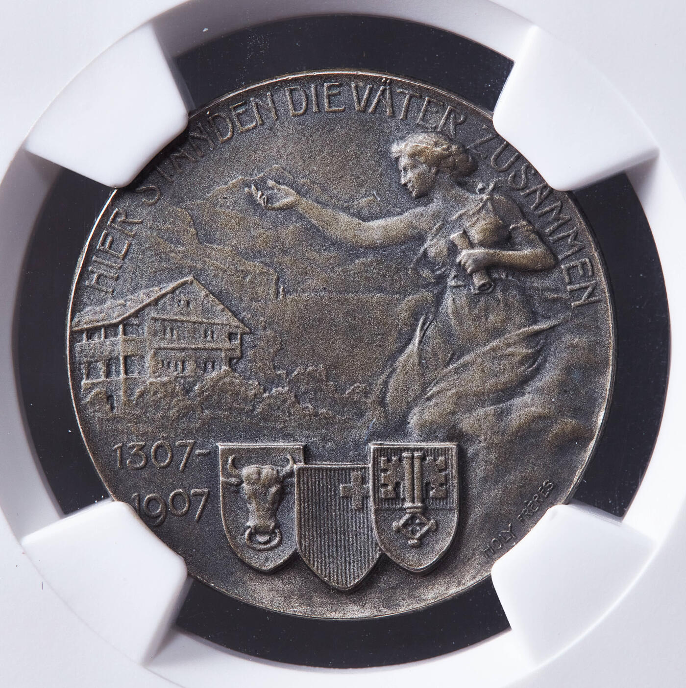 【俄甄集藏】马年新春第一拍 2026年(048)02-25星期三 晚 19:30 全场包邮 瑞士1907年纪念威廉·退尔在乌里抵抗奥地利哈布斯堡王朝胜利600周年银章，NGC MS64，酱彩包浆，磨砂底板