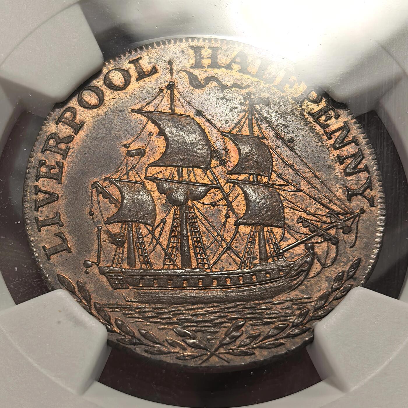 博洋堂蛇年收官专场暨第161期（全场包邮） NGC MS63BN 英国1791年兰开夏郡利物浦市1/2便士token，英国token的名誉品种，之前只拍过55和62分的两个，63的高分首见，机会难得