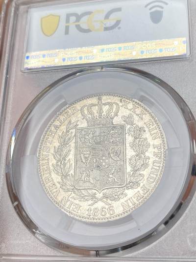 万国钱币拍卖第061期（马年首拍） PCGS MS61 1866年德国欧登堡盾徽流通1泰勒 最精美德系小邦盾徽名品之一 原味淡金彩包浆状态非常赞