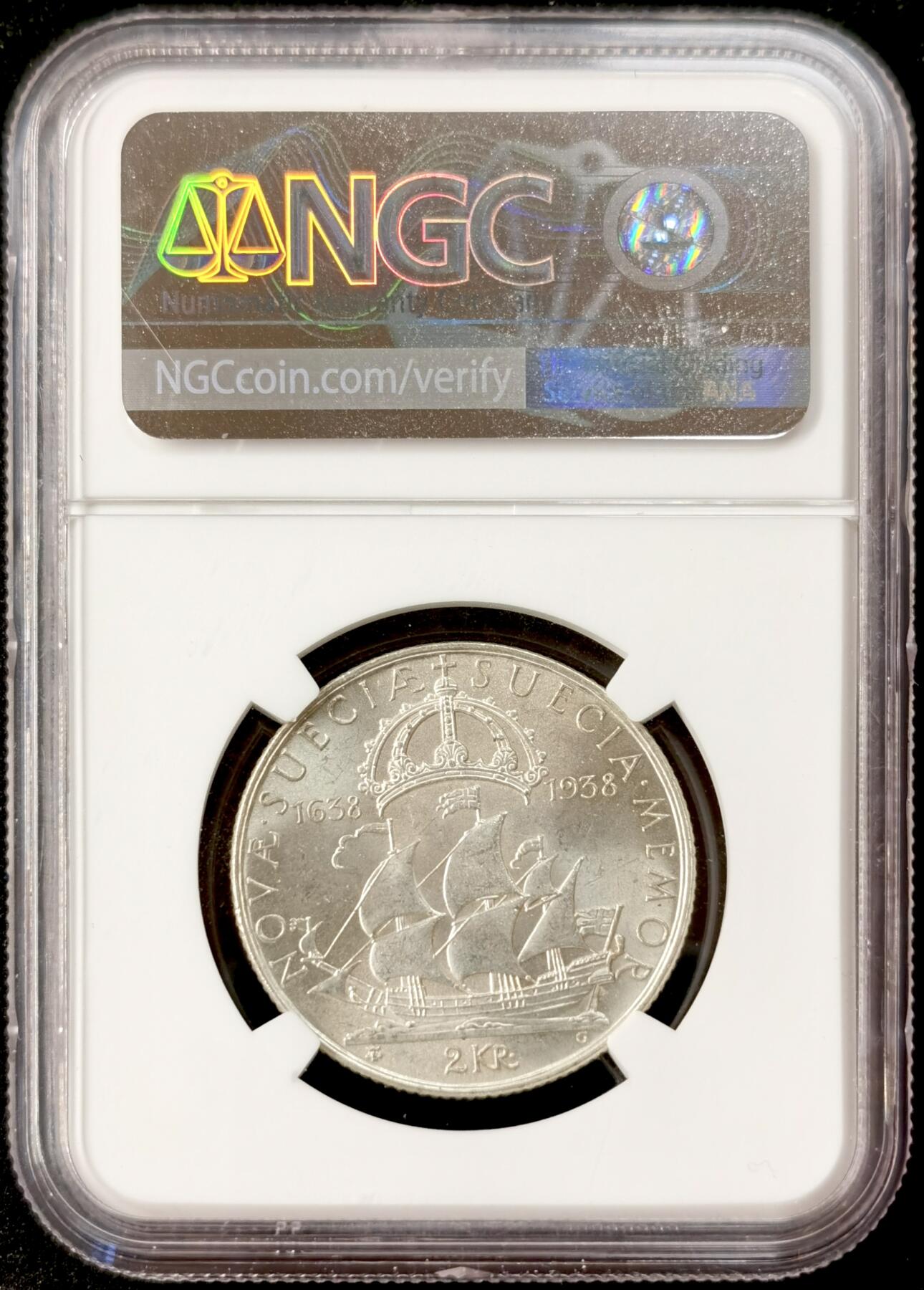 甄臻铺-世界币章拍卖（第51期），送拍享返佣金等优惠多多 NGC-MS62 瑞典1938年2克朗银币 15克 800银 纪念瑞典人移民美国达拉华州300周年