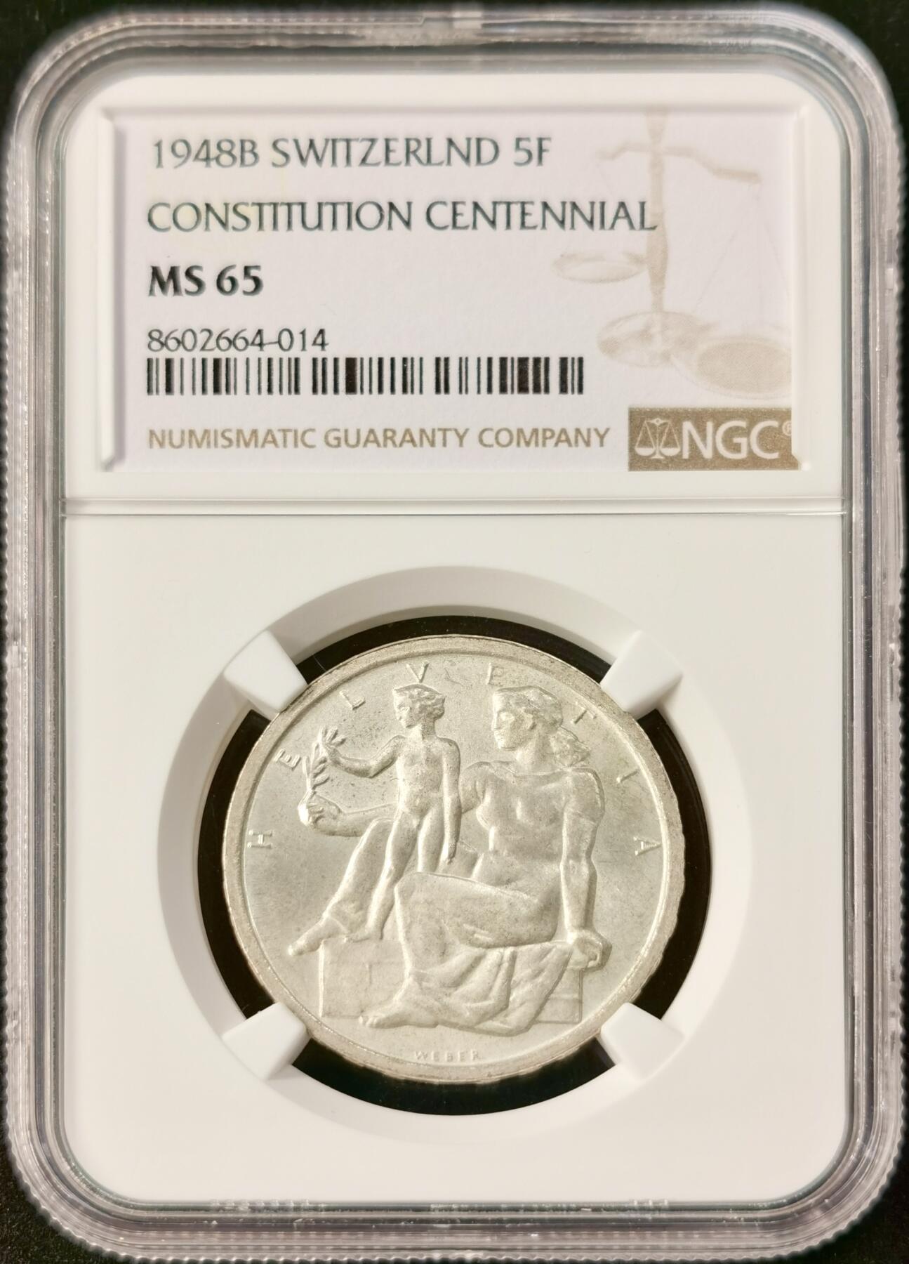 “福币呈祥”新年甄品场（直播拍卖）甄臻铺-世界币章拍卖（第50期），送拍享返佣金等优惠多多 NGC-MS65 1948B瑞士5法郎银币宪法百年