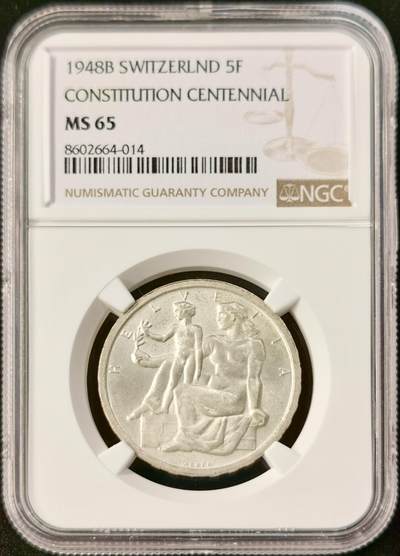 “福币呈祥”新年甄品场（直播拍卖）甄臻铺-世界币章拍卖（第50期），送拍享返佣金等优惠多多 - NGC-MS65 1948B瑞士5法郎银币宪法百年
