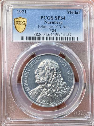 万国钱币拍卖第061期（马年首拍） - PCGS SP64 1921年德国纽伦堡纪念日耳曼版画画圣阿尔布雷希特·丢勒诞辰450周年铝章 铝制罕见且相较其他材质更难以保存 背面纽伦堡城市远景精美异常 此枚精铸镜面喷砂质感 不失为此品种的顶级典藏品质 PC冠军分