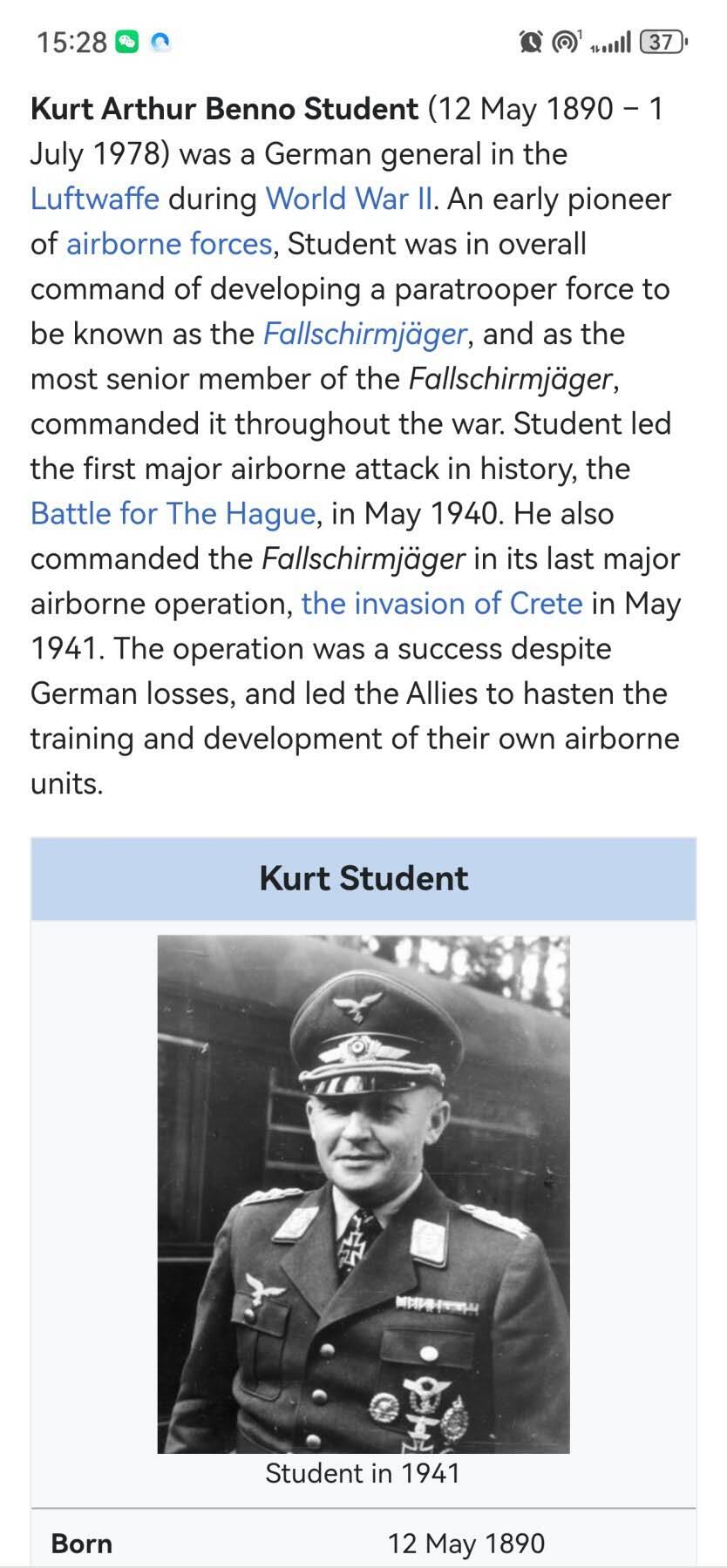 小驴勋章奖章收藏2月22日周日晚六点拍卖（珍爱和平，收藏战争，铭记历史，勿忘国耻，忠党爱国。有偿代拍，送拍规则在简介最后，参拍须阅读规则后再参拍，关系到运费包装发货时效真假辨别等关键信息，拍卖时不再发原图，看大图店主微信码在拍卖店铺介绍里） 德国WWII伞兵部队开创者库尔特将军1974年12月亲笔签名照（战后原品亲签，此时将军已经84了，88岁去世，印的沃尔夫冈绘制肖像），签有将军名字1939年4月20日（某位画家生日）纪念封（战前原品），现代洗印的将军名签名照