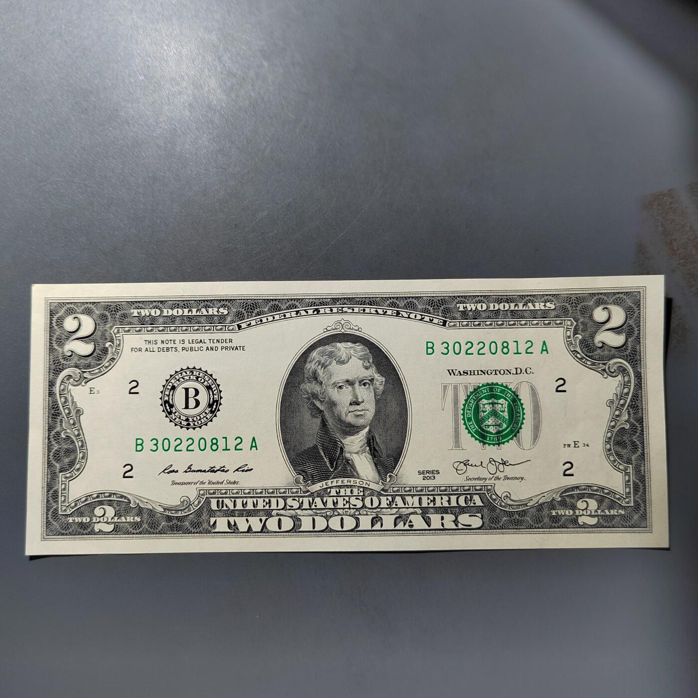 PCAI钱币  25-761  纸币小专场 二美元