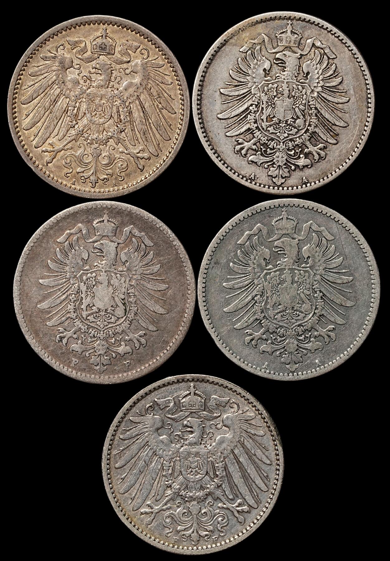 修遠堂世界钱币第105期，马年首拍 德国1马克银币一组，总重27.26g，含银90%