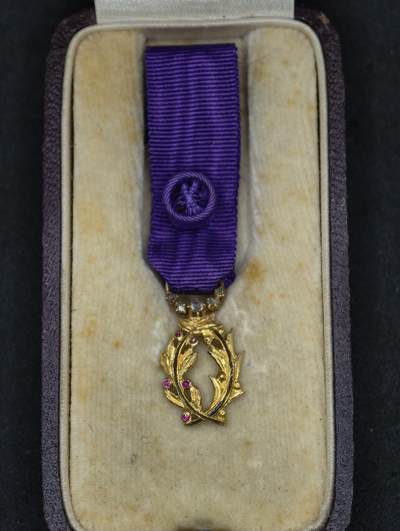 凯旋世界勋赏（第22期新年大拍）（欢迎送拍）（对拍品有疑问请询问客服，不接受到手刀，出价默认拍品品相。请认真阅读拍卖规则！出价默认已认可！）（收到货请录制开箱视频，无视频概不处理问题。） - 法国棕榈叶勋章带盒三颗钻石，五颗红宝石（黄金制）