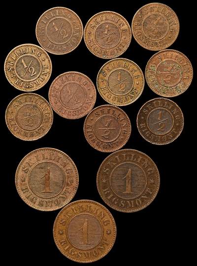 修遠堂世界钱币第105期，马年首拍 - 19世纪丹麦1/2，1 SKILLING RIGSMONT铜币一组