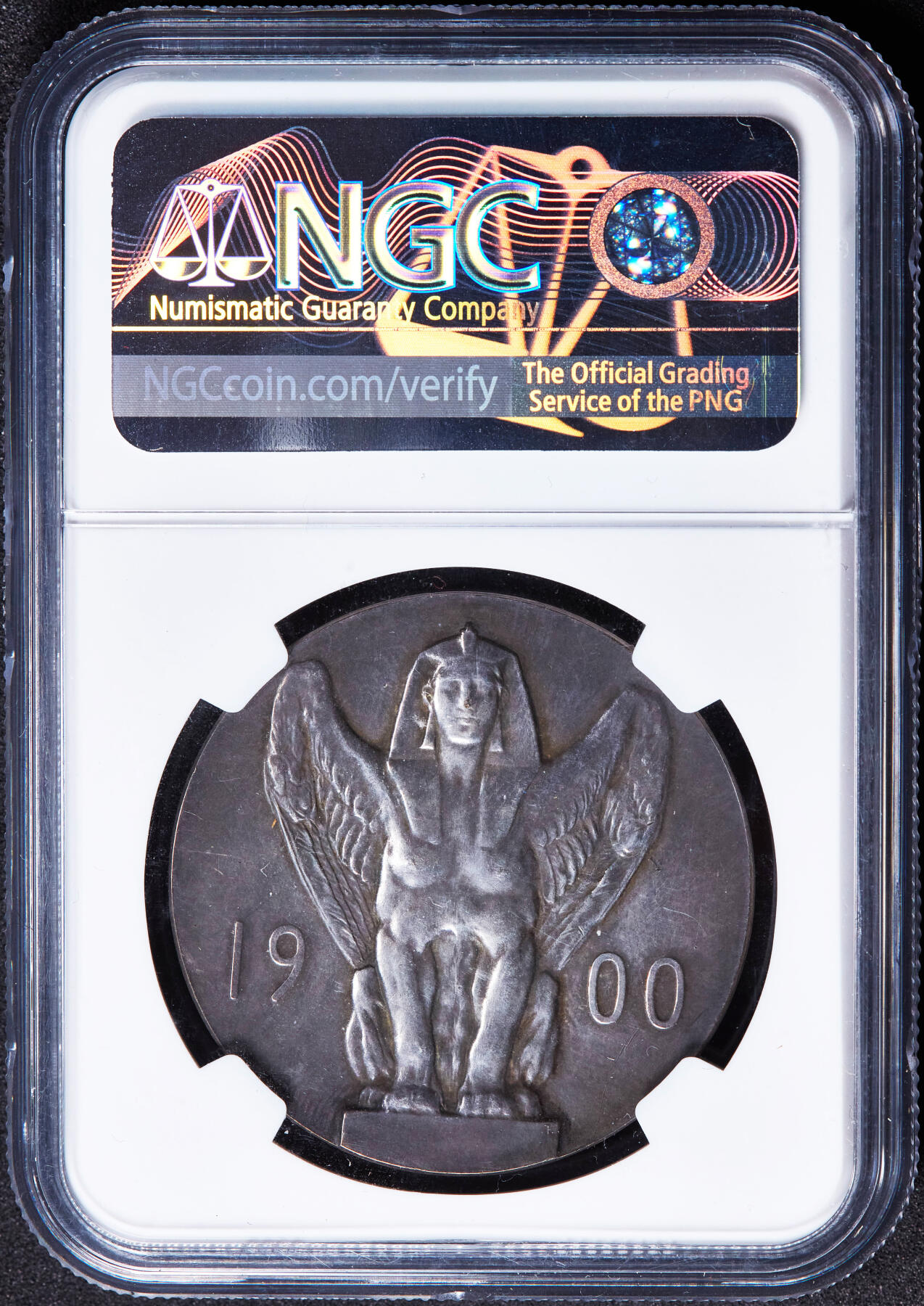 【俄甄集藏】马年新春第一拍 2026年(048)02-25星期三 晚 19:30 全场包邮 德国1900年新艺术运动风格裸体女神与狮身人面像纪念新世纪大银章，NGC MS61，酱彩包浆，名家弗里德里希·荣格作品