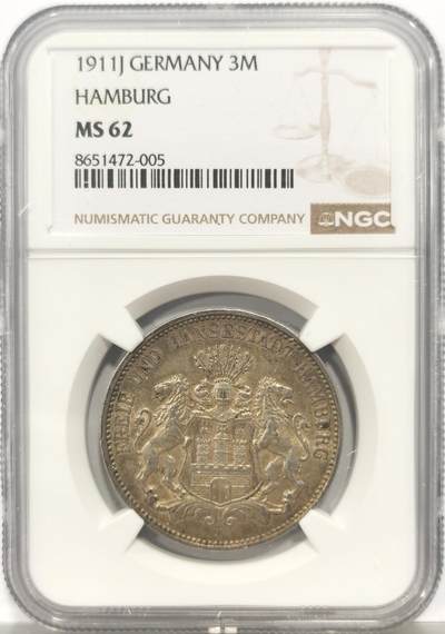 博洋堂蛇年收官专场暨第161期（全场包邮） - NGC MS62 德国汉堡1911年双狮3马克银币 黄油淡彩
