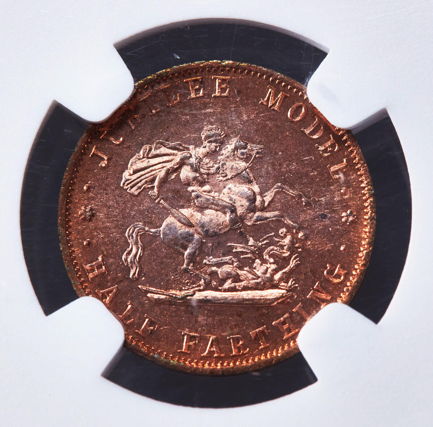 【俄甄集藏】马年新春第一拍 2026年(048)02-25星期三 晚 19:30 全场包邮 英国1887年维多利亚高冠版1/2法新试机模具代用铜币，NGC MS64RB，类精制底板，原铜光转光品相，稀少品种