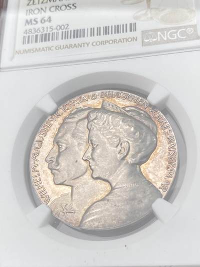 万国钱币拍卖第061期（马年首拍） NGC MS64 1914年德国普鲁士威廉二世与皇后奥古斯塔战争动员纪念银章 帝国之剑与鲜花在铁十字左右 极美精铸镜面喷砂高浮雕
