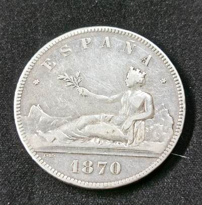 甄臻铺-世界币章拍卖（第51期），送拍享返佣金等优惠多多 - 西班牙 1870年 5比塞塔 临时政府拿花双柱 银币 25g