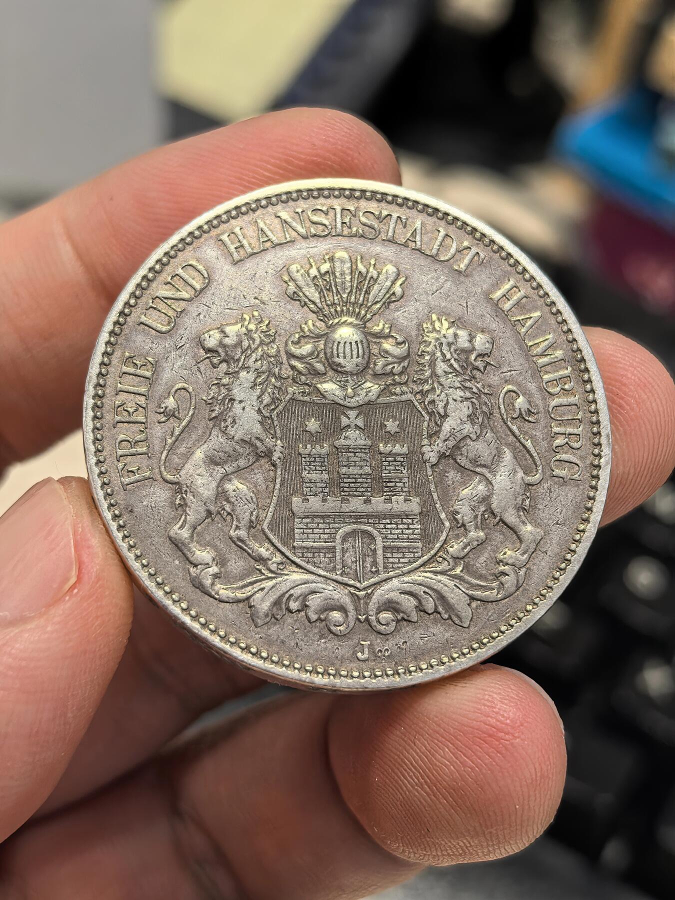 博洋堂蛇年收官专场暨第161期（全场包邮） 德国1901年汉堡双狮5马克银币 边道无磕正常流通状态