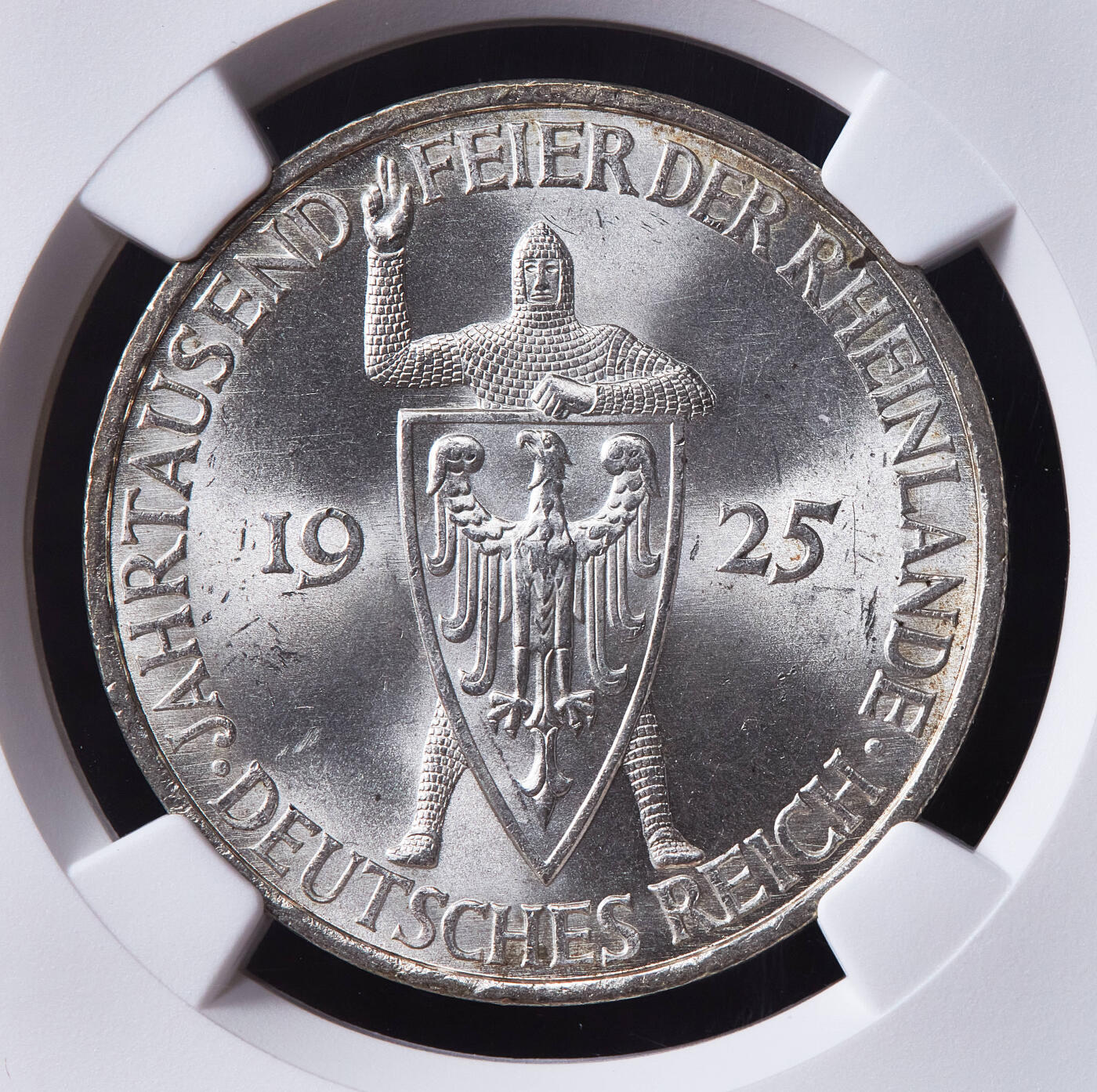 【俄甄集藏】马年新春第一拍 2026年(048)02-25星期三 晚 19:30 全场包邮 德国魏玛1925年A版莱茵兰千年5马克纪念大银币，NGC MS64，十字转光品相