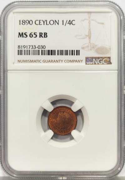 博洋堂蛇年收官专场暨第161期（全场包邮） - NGC MS65RB 英属锡兰1890年1/4分铜币