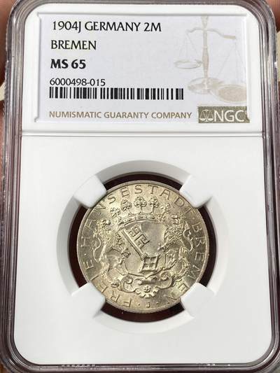 万国钱币拍卖第061期（马年首拍） - NGC MS65 1904年德国不莱梅双狮护匙长翅流通2马克 自由市经典品种 淡金彩包浆超炫转光沁人心脾 顶级BU收藏品质