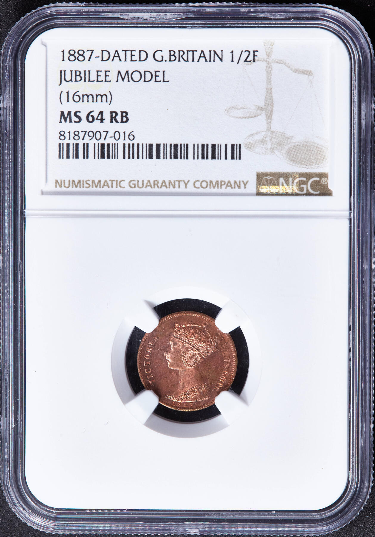 【俄甄集藏】马年新春第一拍 2026年(048)02-25星期三 晚 19:30 全场包邮 英国1887年维多利亚高冠版1/2法新试机模具代用铜币，NGC MS64RB，类精制底板，原铜光转光品相，稀少品种