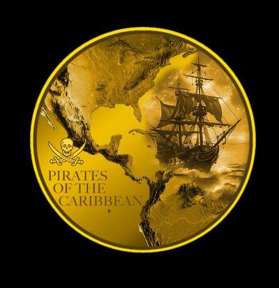 【币将精彩】世界钱币拍卖拍卖（2026-4-22） 2026年加勒比海盗特朗普纪念章，材质为合金镀金，直径40毫米，章由《加勒比海盗》影迷俱乐部发行，发行量9999枚。