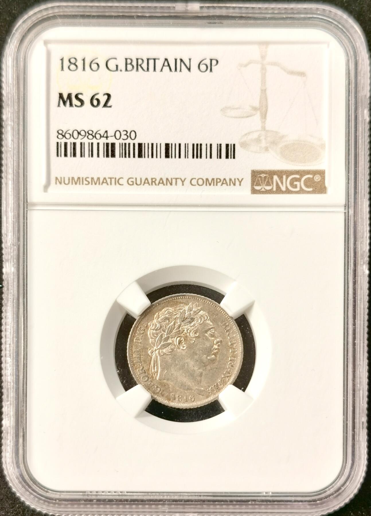 “福币呈祥”新年甄品场（直播拍卖）甄臻铺-世界币章拍卖（第50期），送拍享返佣金等优惠多多 NGC-MS62  英国1816年乔治三世牛头6便士 黄油包浆